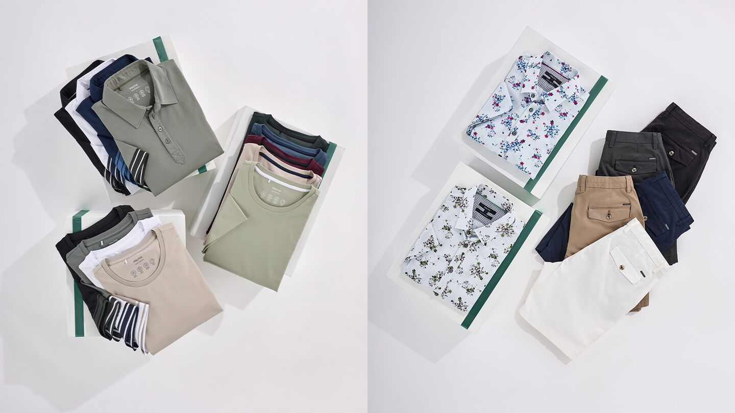 Folded men’s polos, tees, and patterned shirts styled with chinos in neutral and summer tones, arranged flat lay for gift ideas under $100.