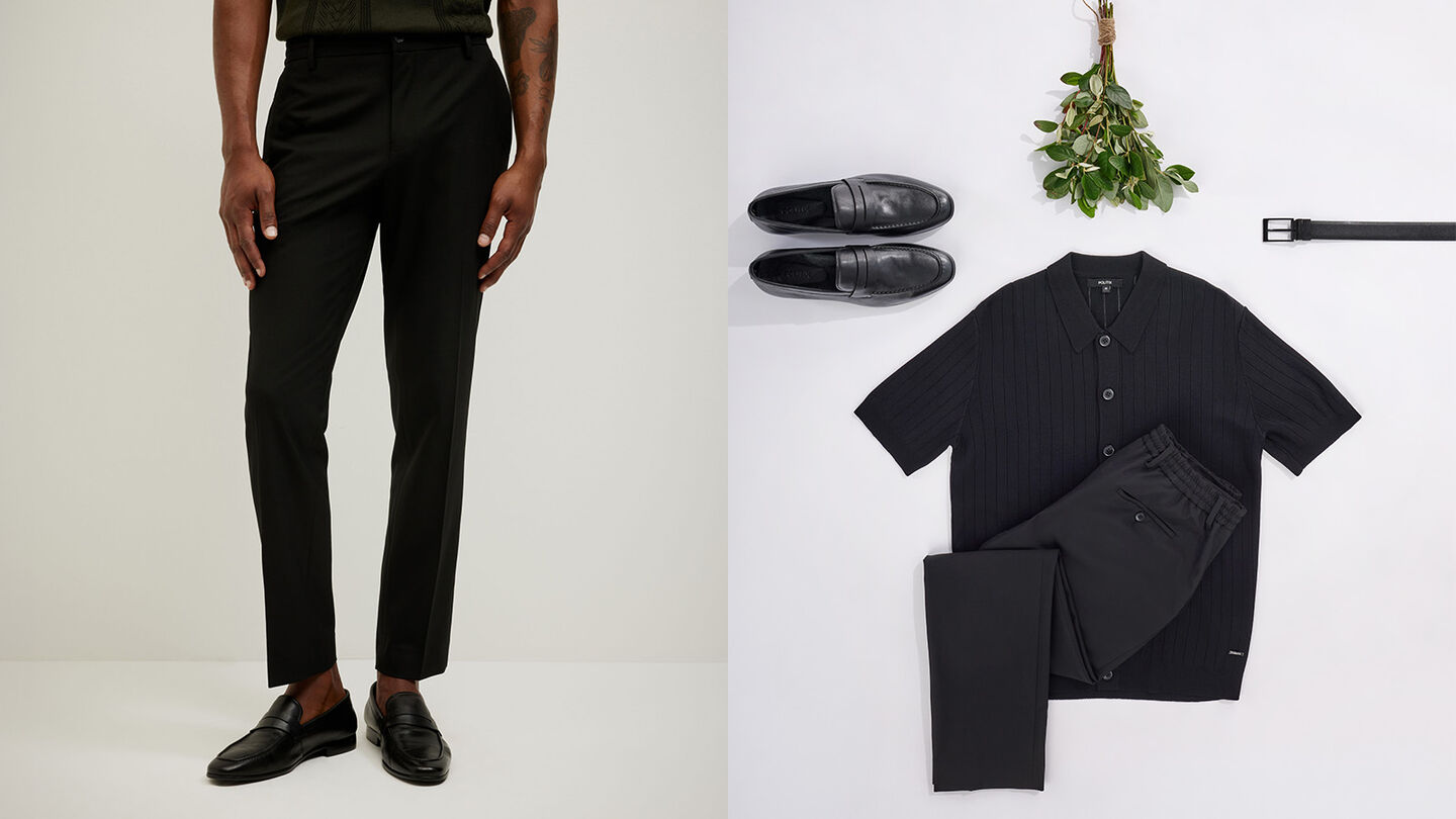 Men’s black tailored trousers styled with loafers, and a flat lay of a black shirt, pants, belt and shoes — a refined all-black outfit for the Gift of Style.