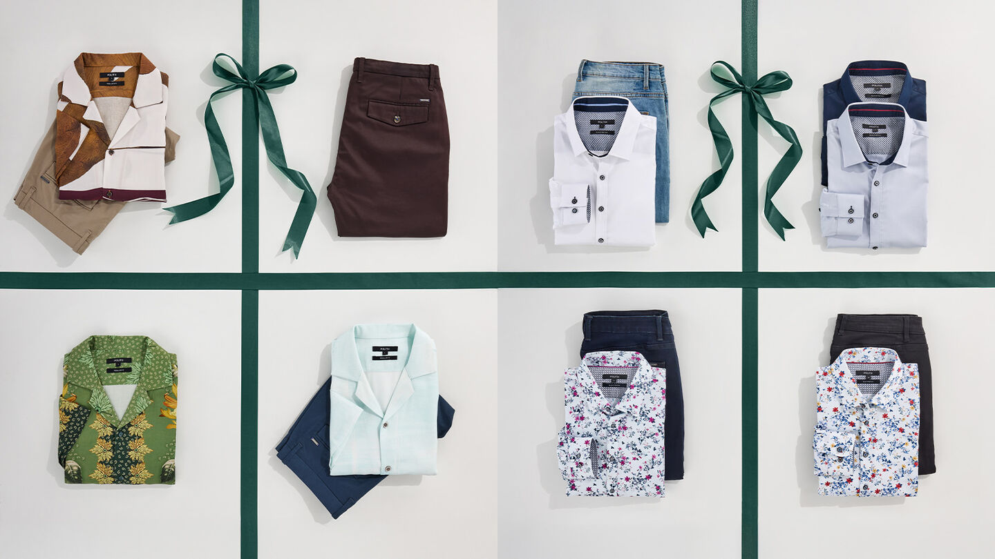 Men’s long-sleeve shirts and chinos styled in coordinated flat lays, featuring printed, classic, and pastel shirts with denim and tailored pants — curated gift ideas under $150.