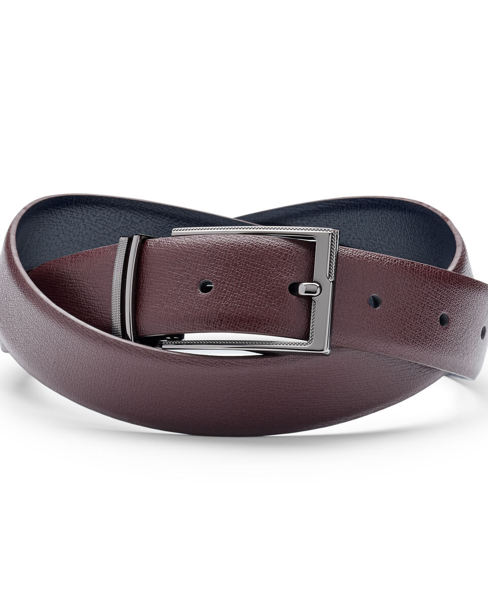 Fine Grain Leather Belt with Textured Pin Buckle, Oxblood/Navy, hi-res