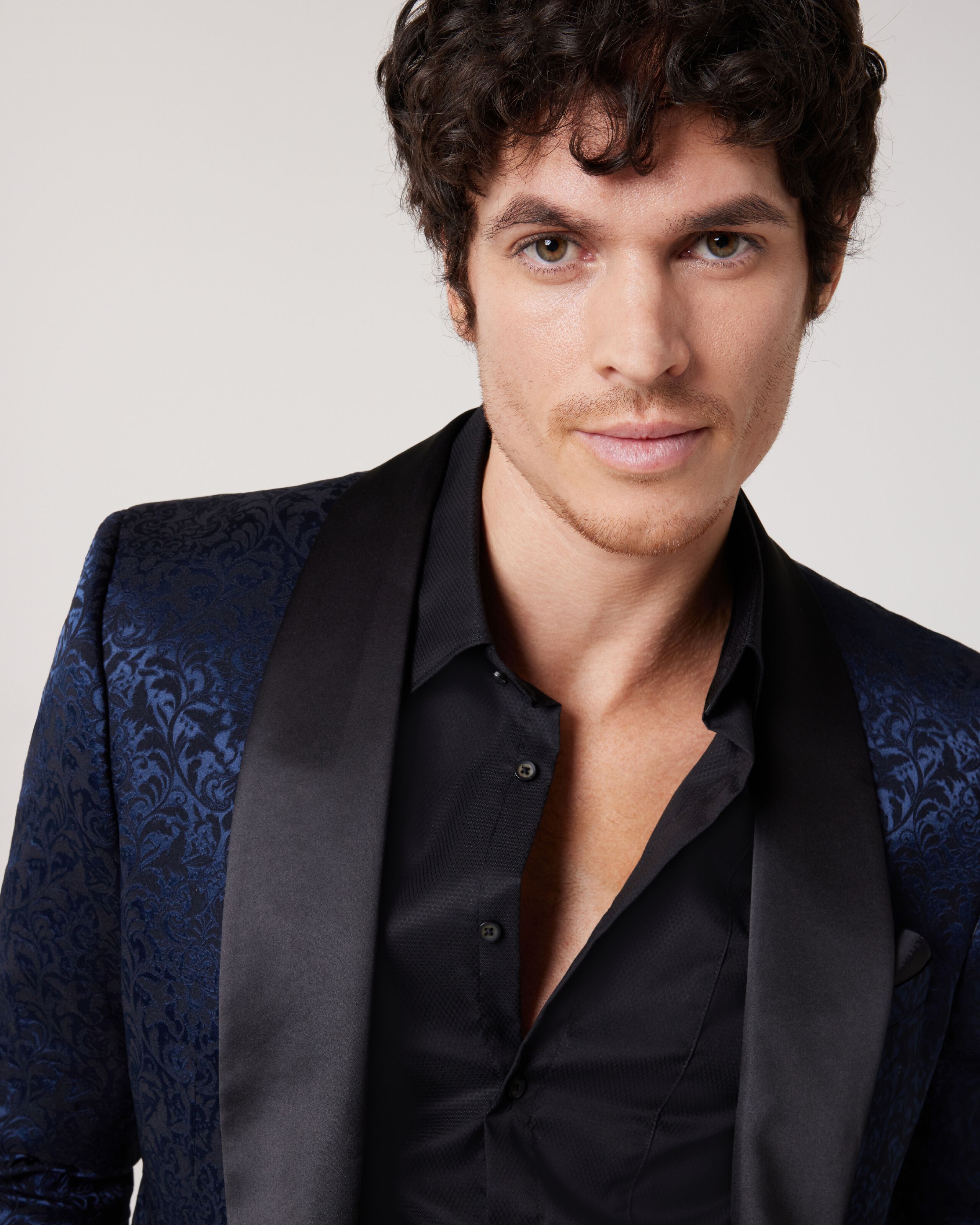 navy blue tuxedo jacket with black satin shawl lapel