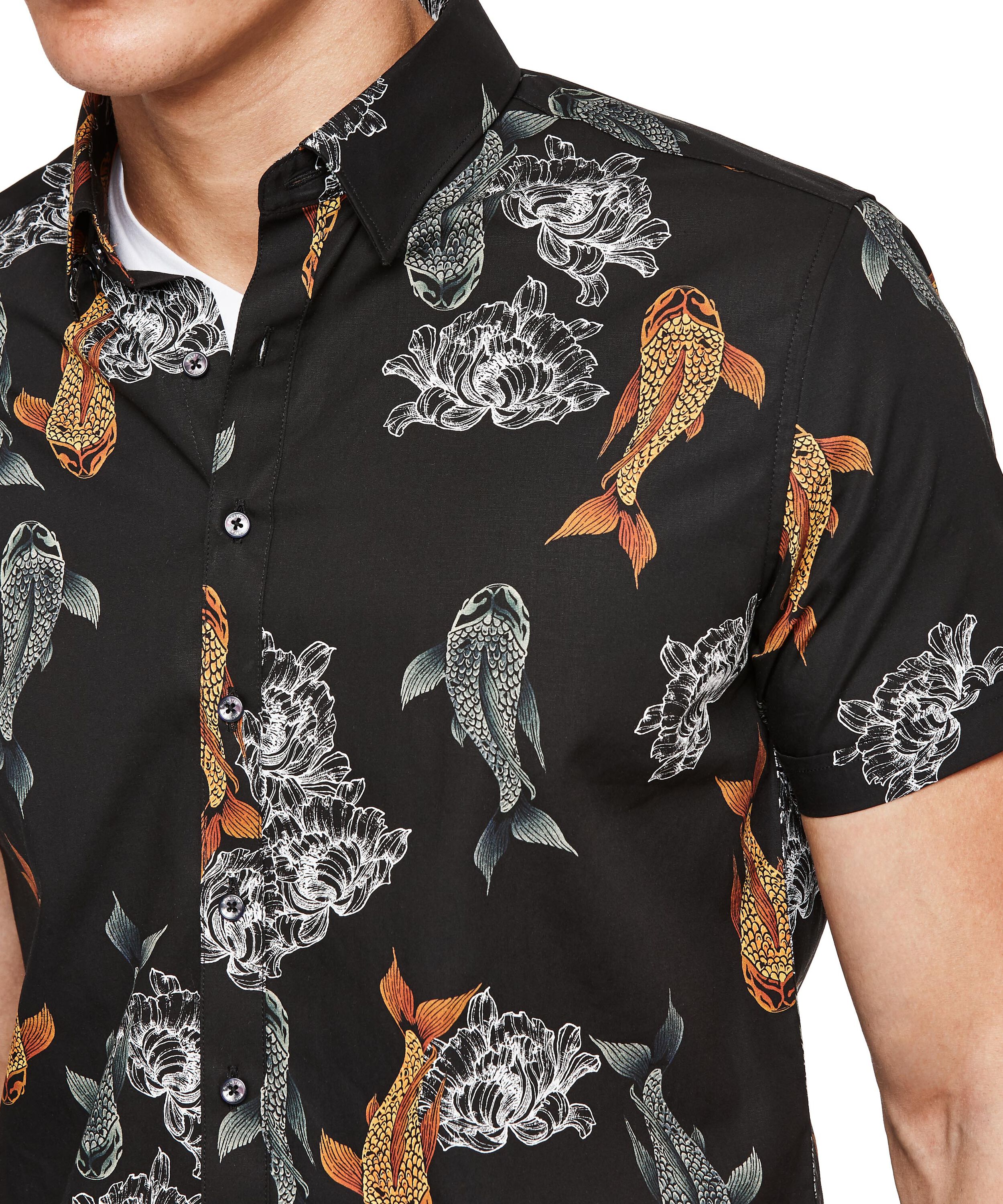 Carp - Black/Orange - Ss Floral Carp Fish Print Shirt, Shirts