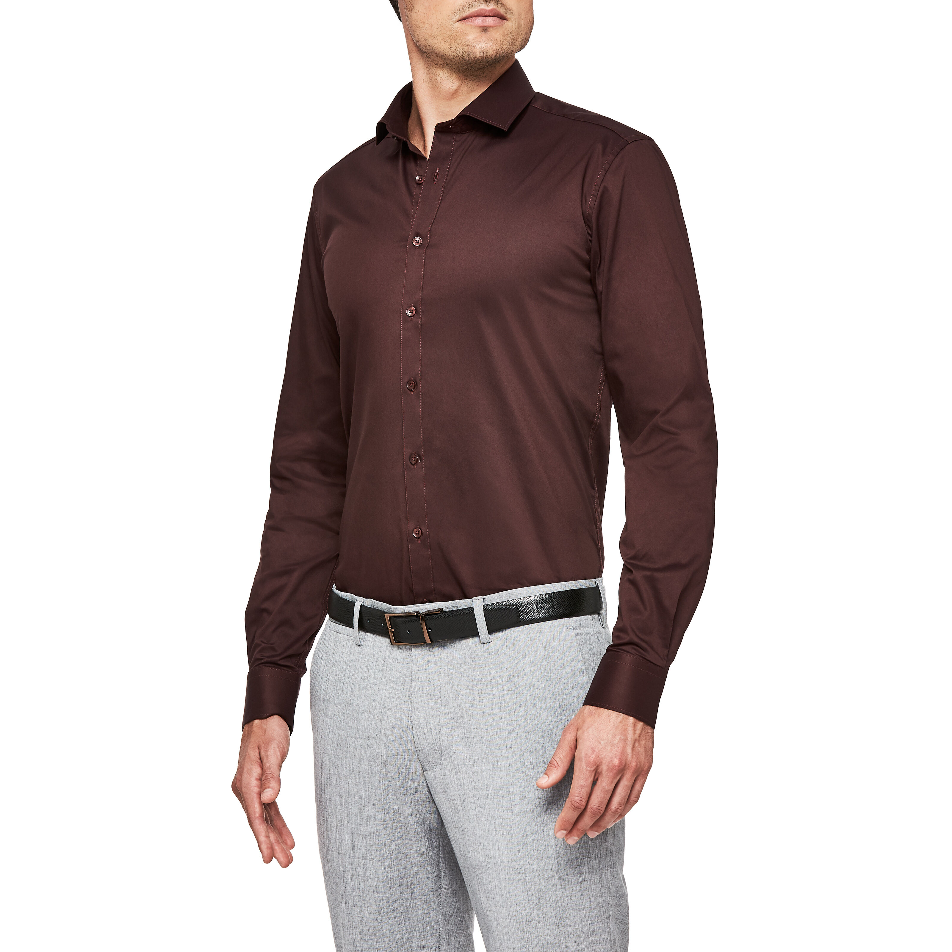maroon shirt with gray pants