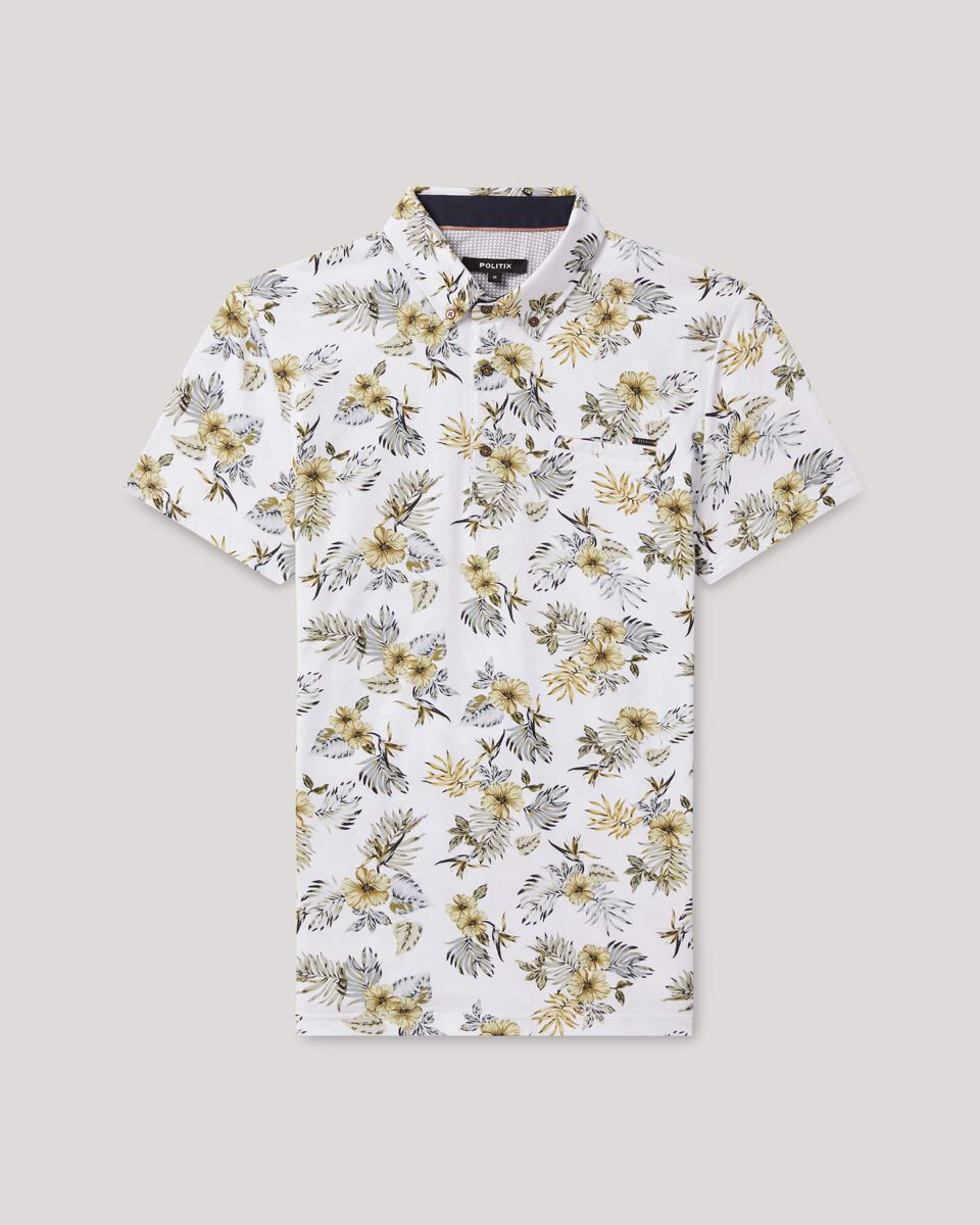 Mens White/Tan Floral Polo Shirt