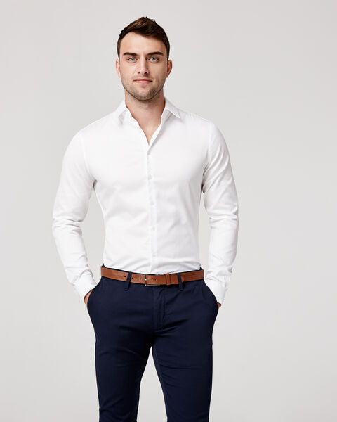 Slim Long Sleeve Herringbone Shirt, White, hi-res