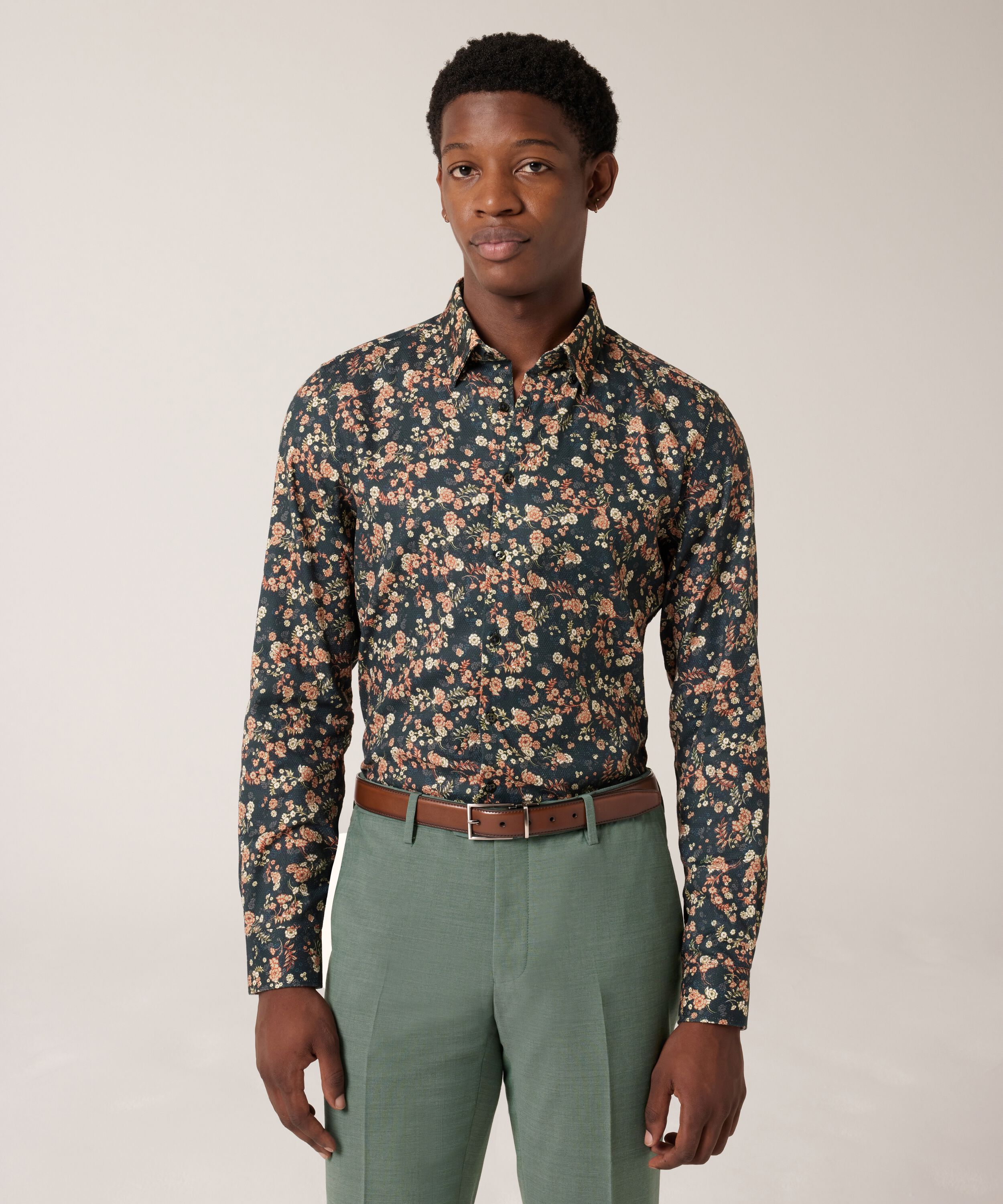 Slim Stretch Dark Floral Long Sleeve Shirt - Dark Green - Slim Stretch Dark  Floral Long Sleeve Shirt | Politix