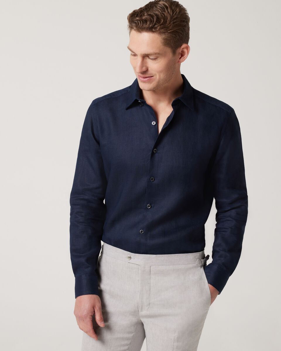 Regular Long Sleeve French Linen Shirt - Navy | Shirts | Politix