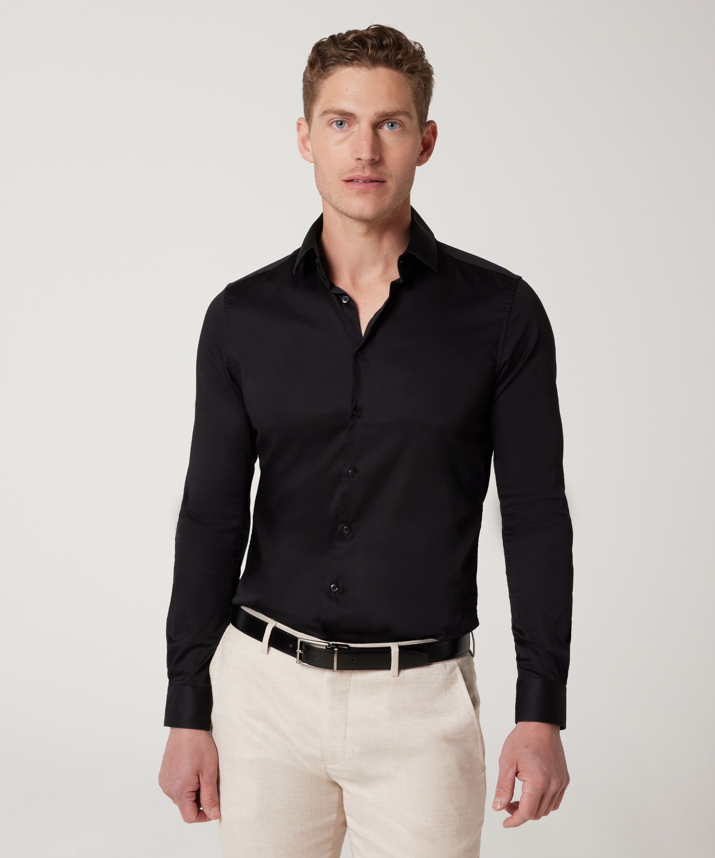 Slim Sateen Long Sleeve Shirt - Black, Shirts