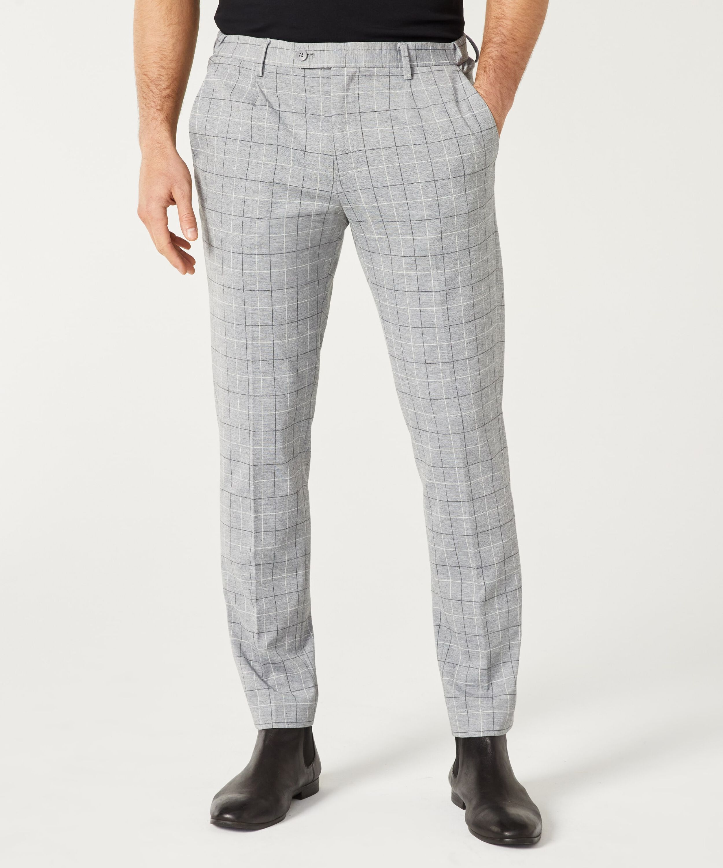 Slim Stretch Jersey Check Tailored Pant - Grey Windowpane