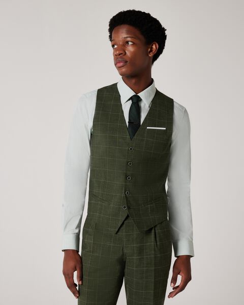 5 Button Windowpane Check Tailored Vest, Khaki Windowpane, hi-res
