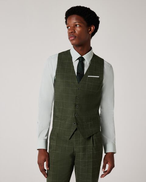 5 Button Windowpane Check Tailored Vest, Khaki Window Pane, hi-res