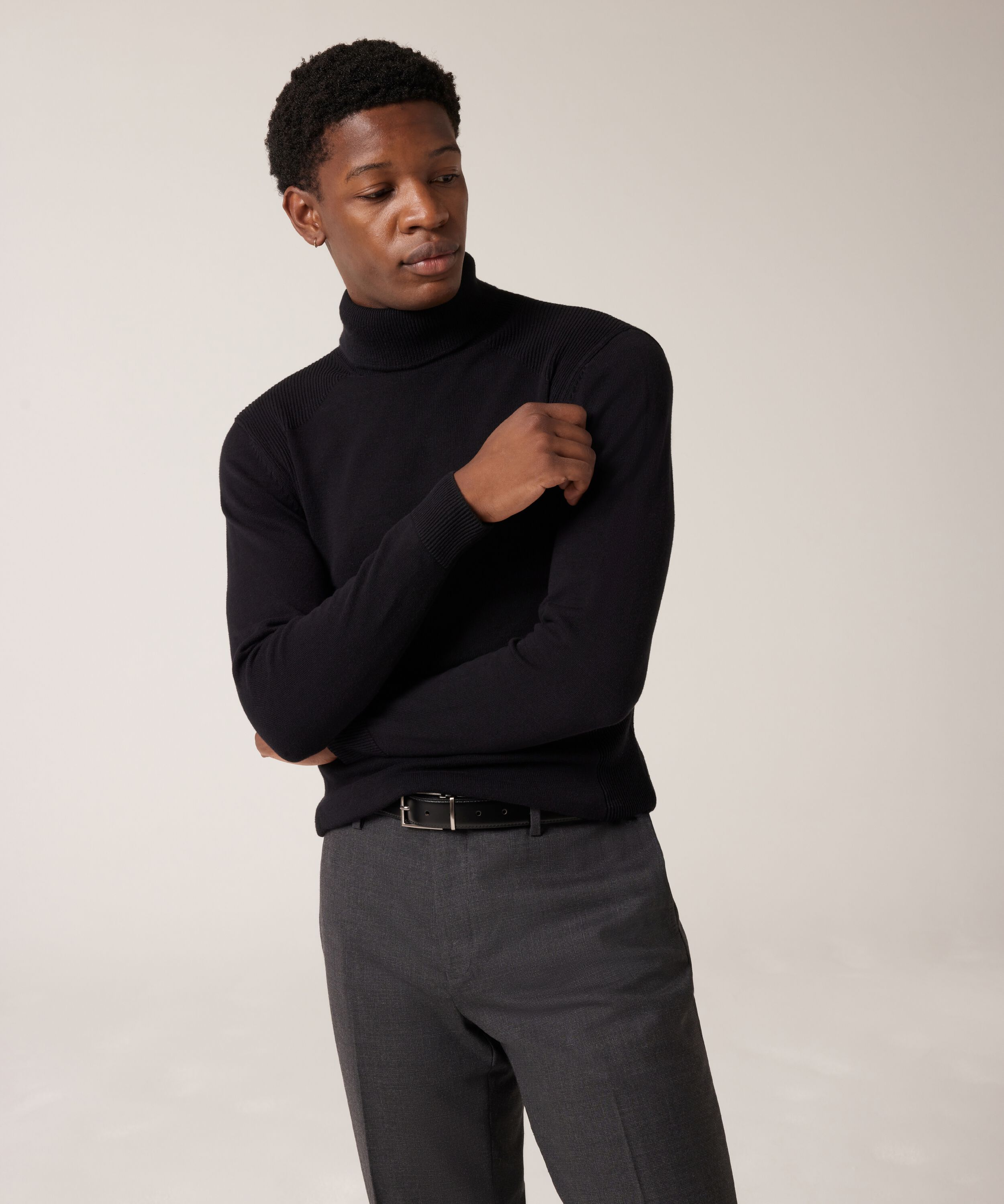 Roll Neck Knit With Rib Detail Black Knitwear Politix