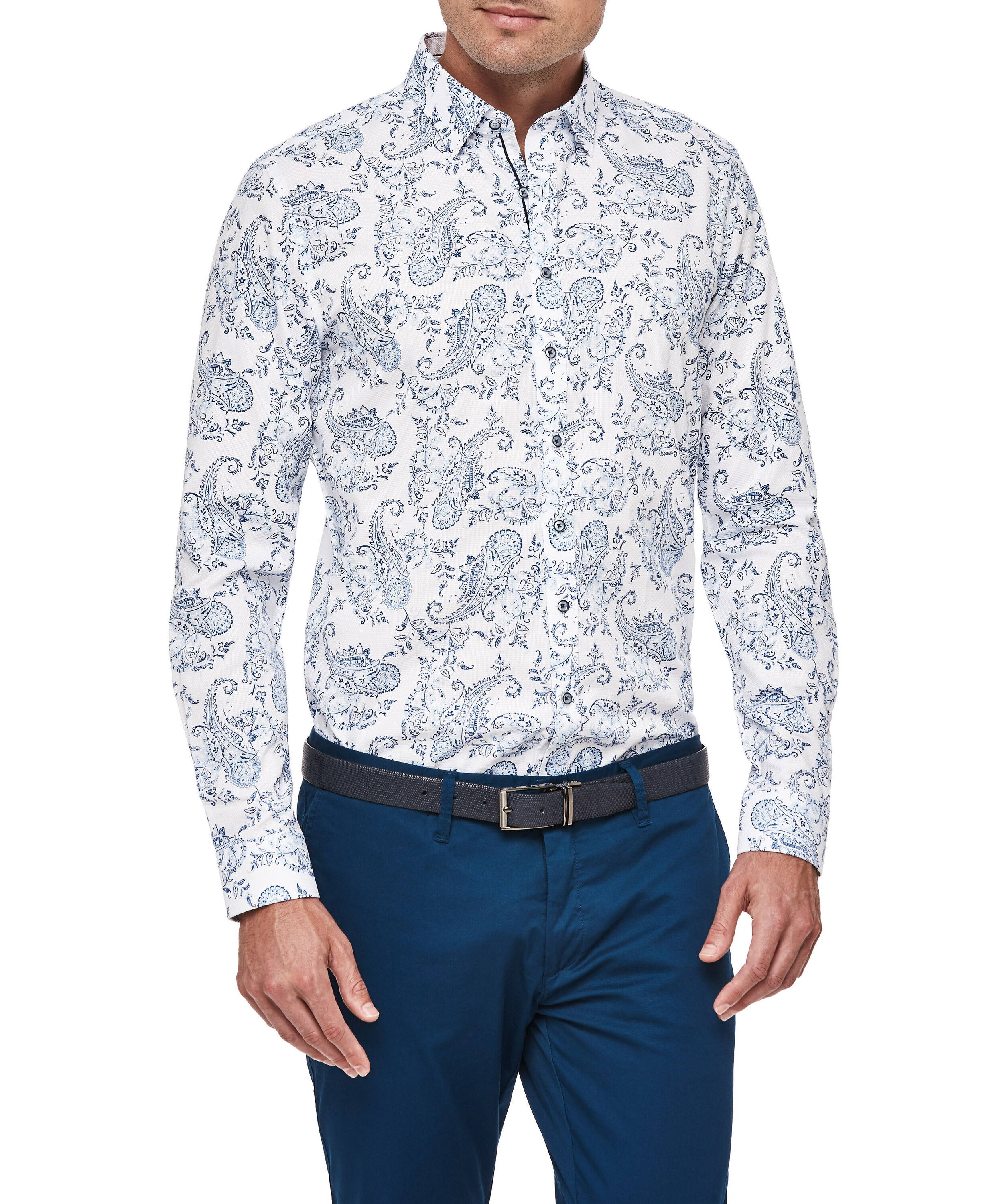 Golding - White/Blue - Ls Textured Paisley Shirt, Shirts