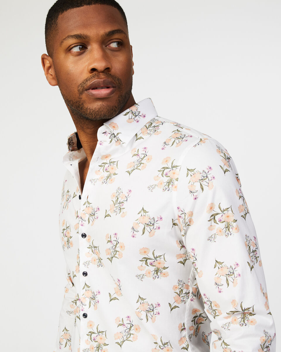 Beige white floral print long sleeve button shirt