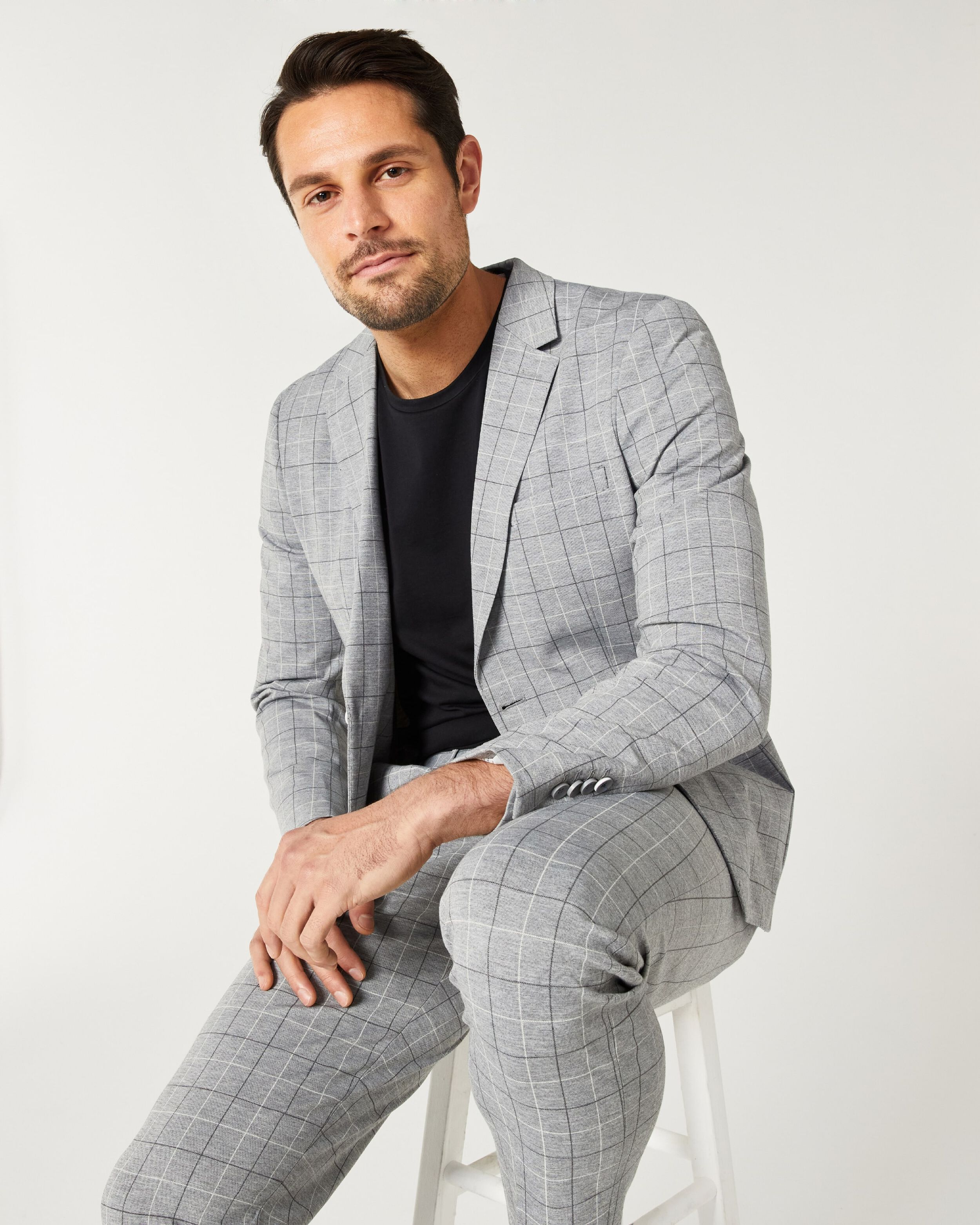 Slim Stretch Jersey Check Tailored Jacket Grey Windowpane Suit Jackets  Politix