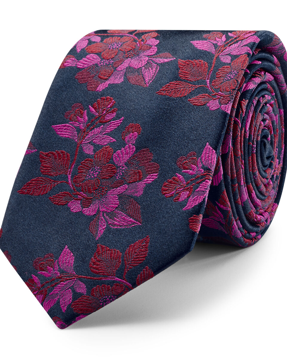 Basico Slim Floral Silk Tie, Pink, hi-res