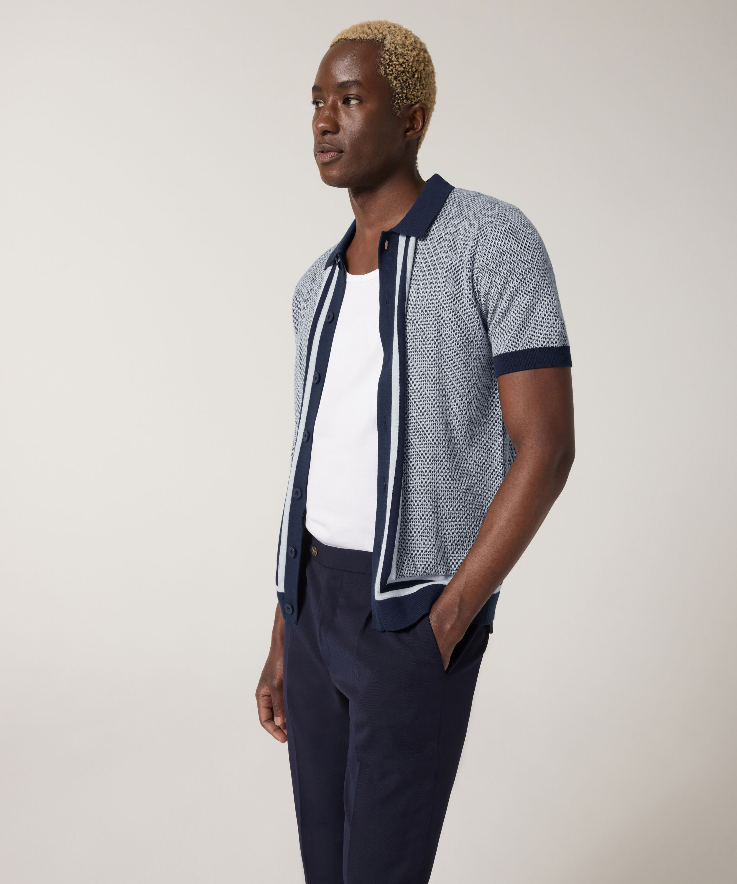 Panelled Short Sleeve Button Up Knit