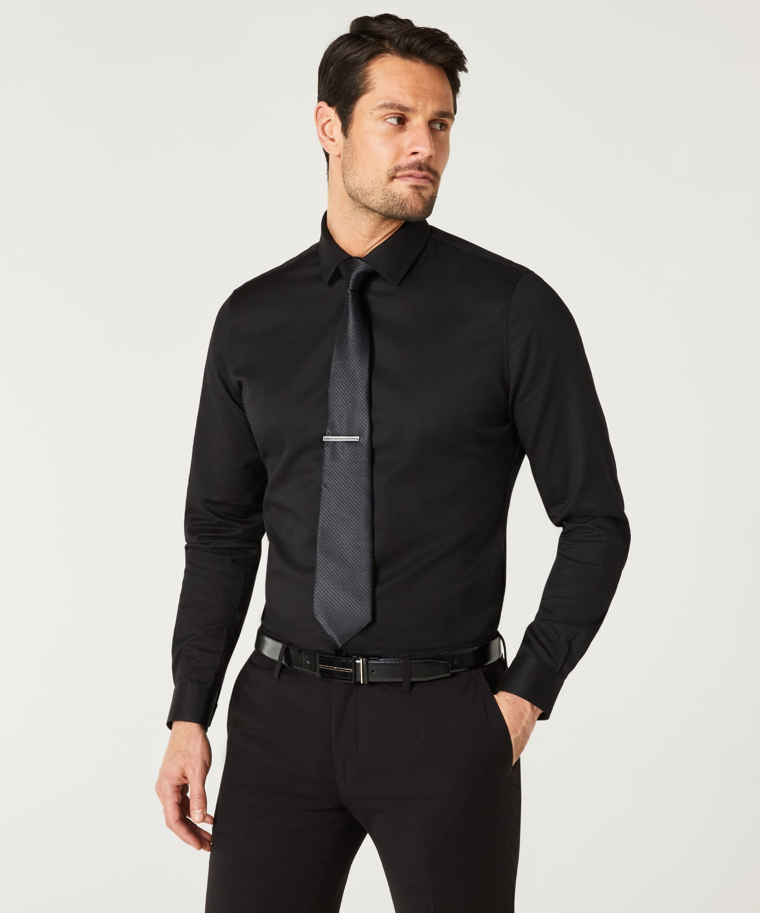 Slim Long-Sleeve Herringbone Shirt - Black, Shirts