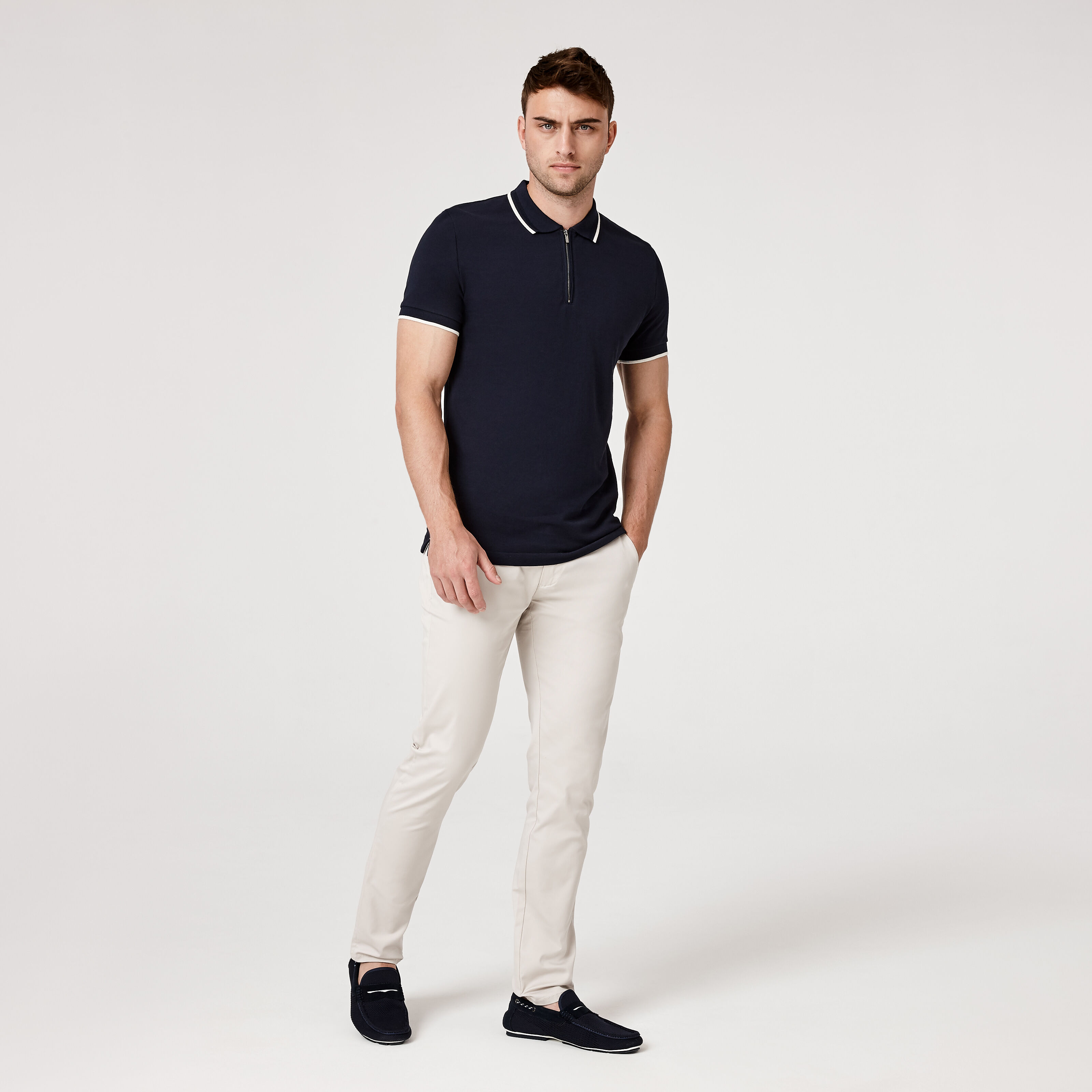 Navy polo with black pants store