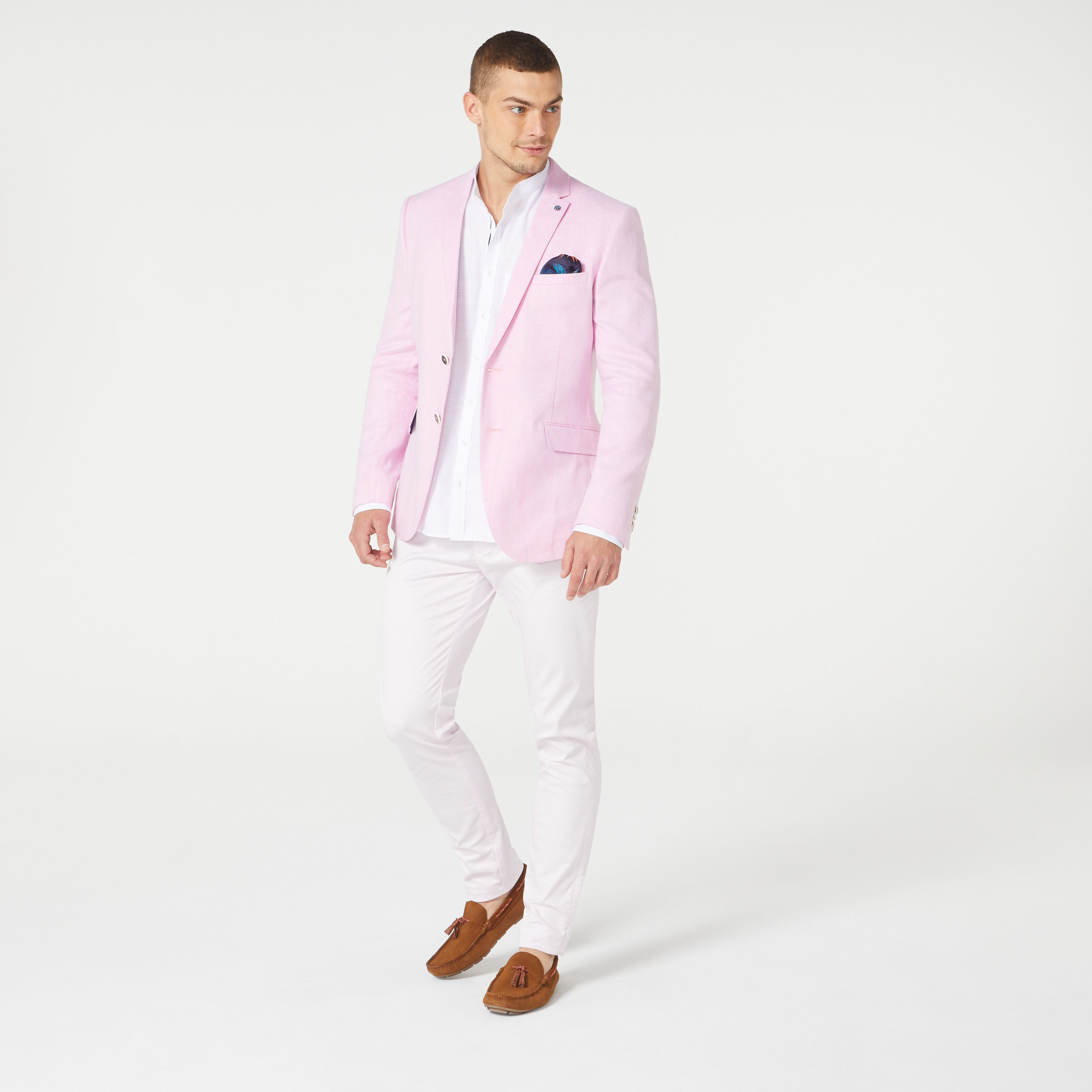 Pink blazer white pants store