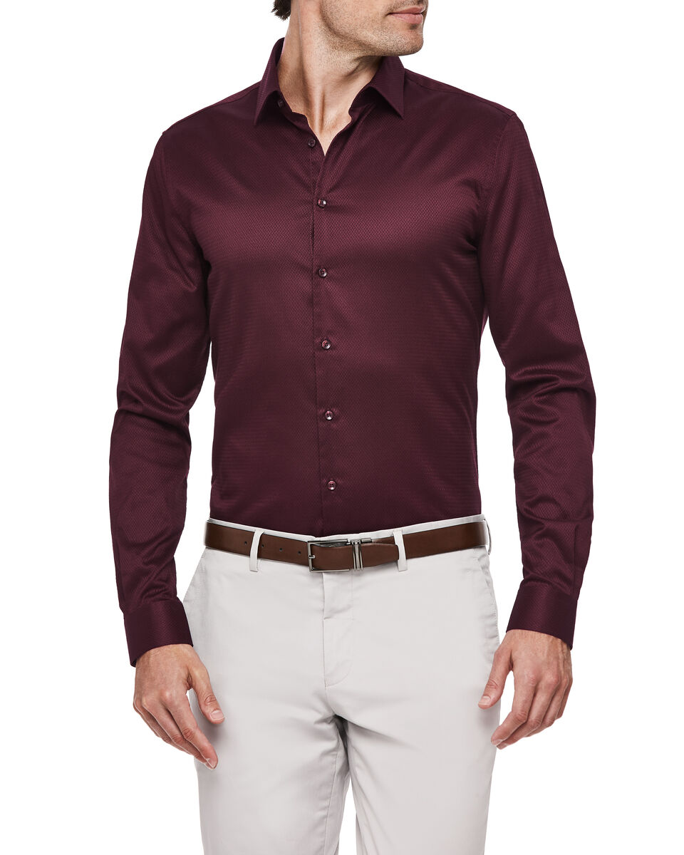 Slim Long Sleeve Herringbone Shirt, Burgundy, hi-res