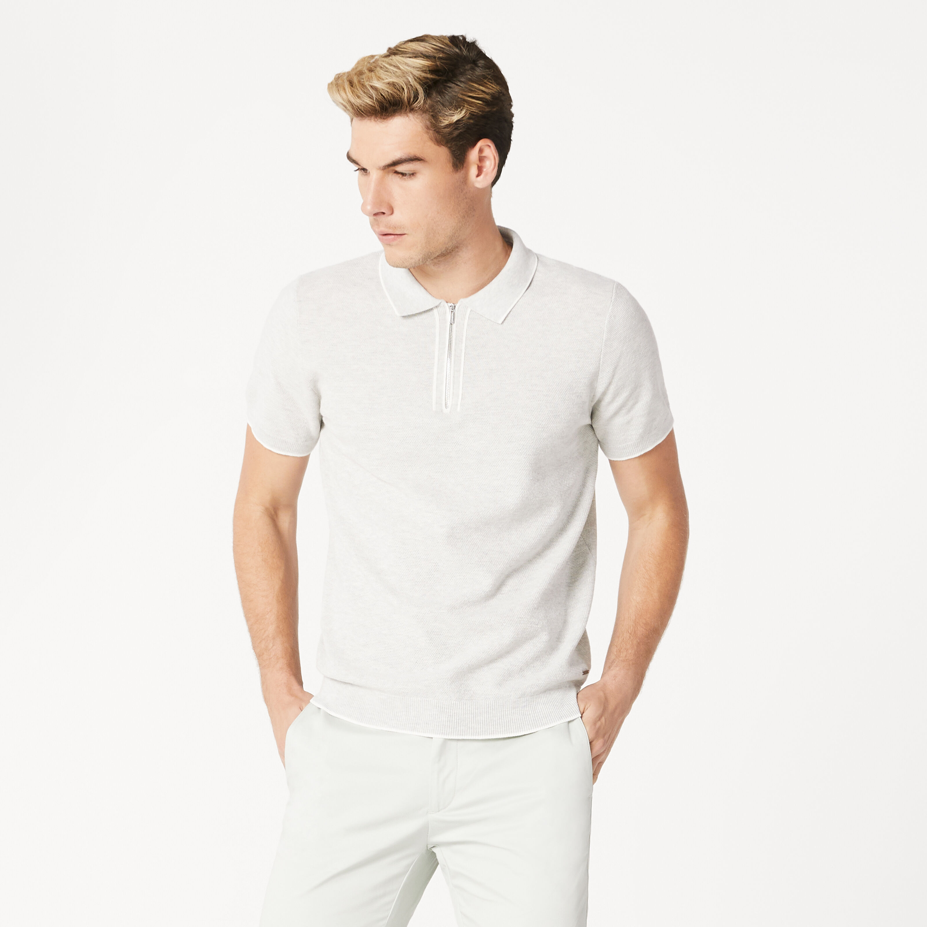 Wanaka Lt Grey Knit Polo Shirt Zip Front Knitwear Politix