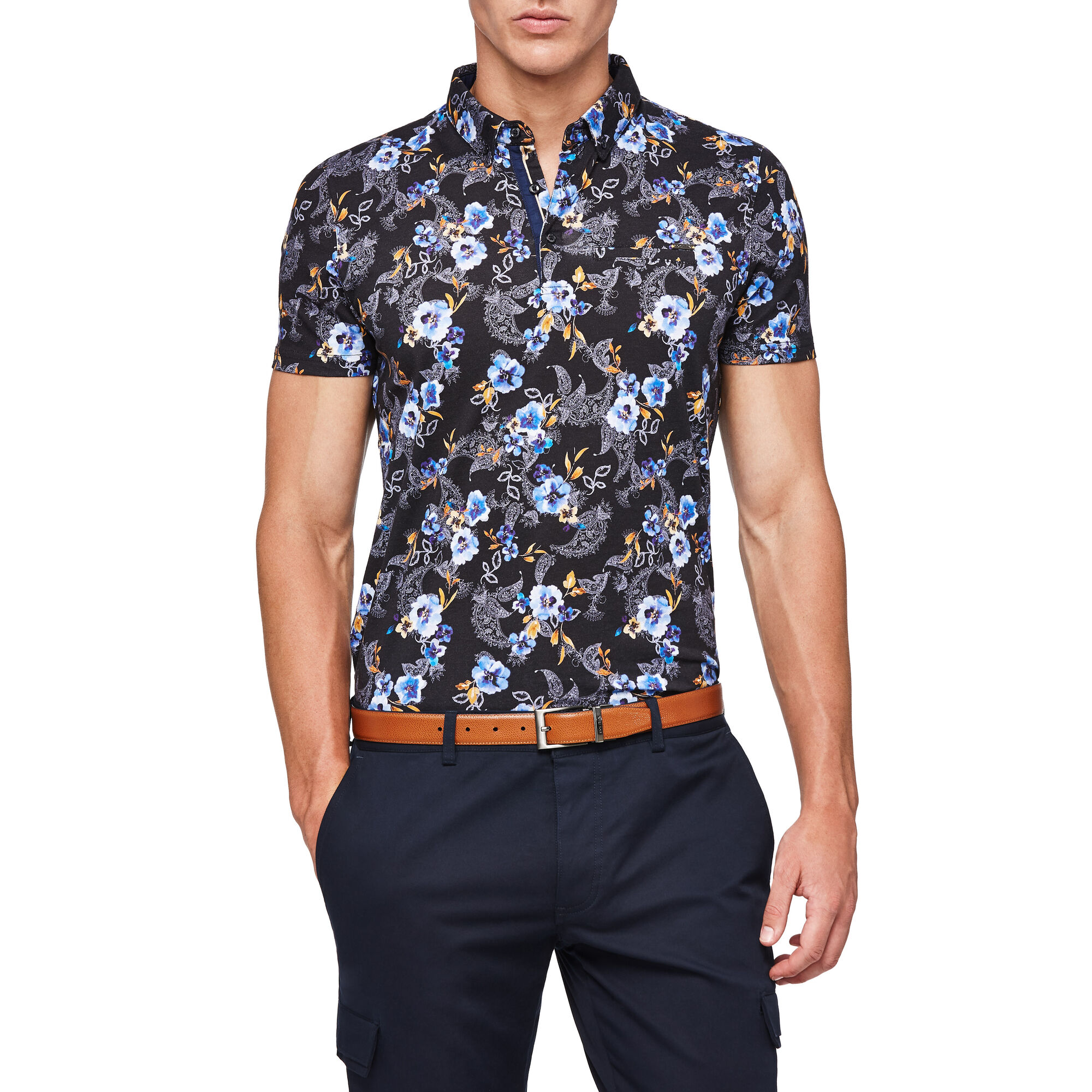 Ruxley - Navy Floral - Geo Floral Print Jersey Polo Shirt | Tees and ...