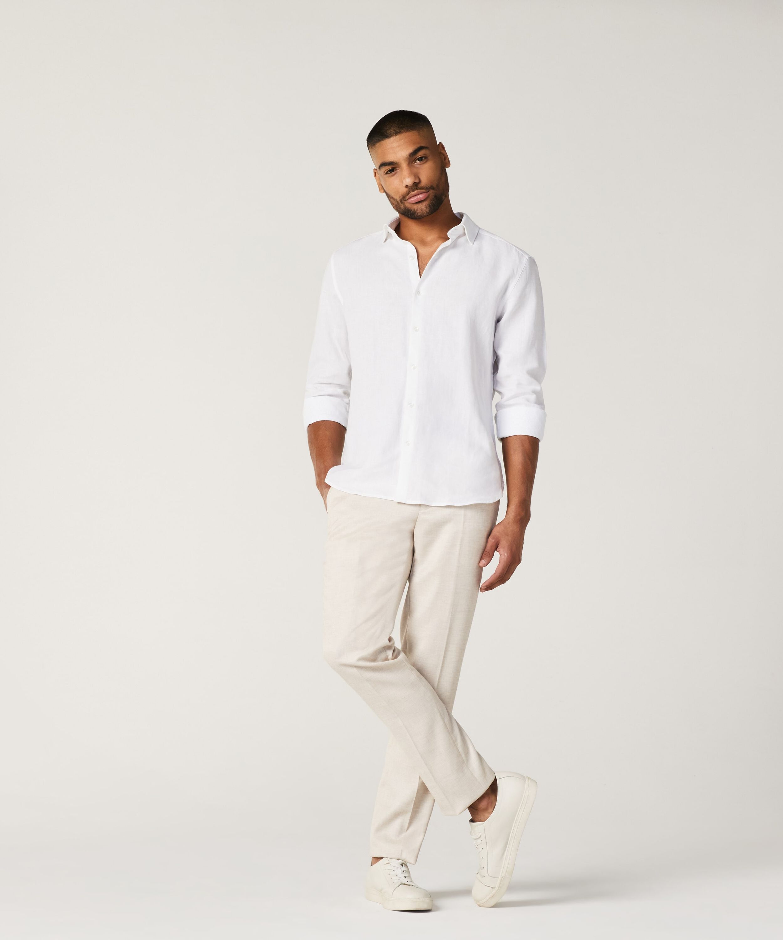 Regular Long Sleeve French Linen Shirt - White, Shirts