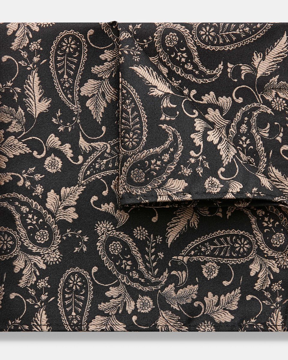 Ravalle Silk Pocket Square, Black/Gold, hi-res