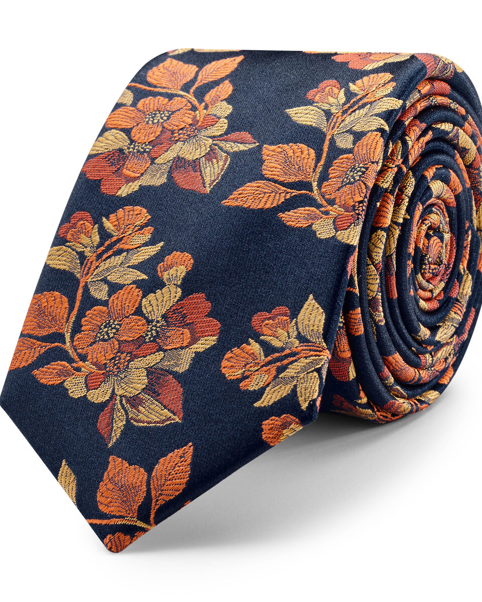 Basico Slim Floral Silk Tie, Orange, hi-res