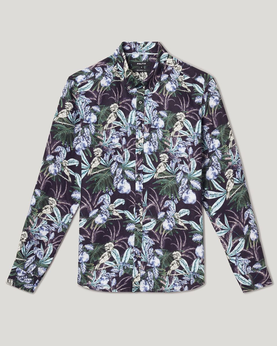 Mens Navy/Green Regular Long Sleeve French Linen Shirt