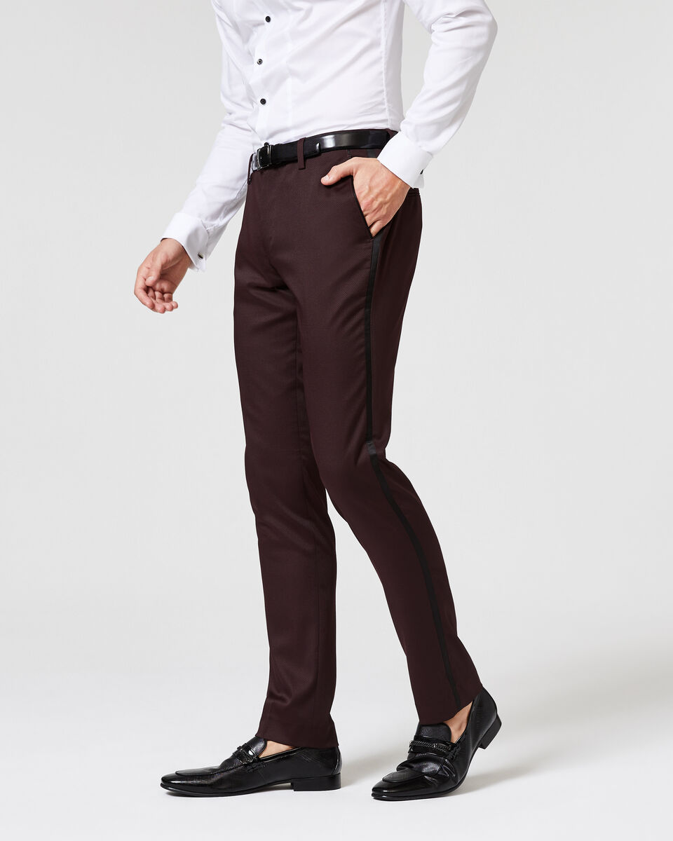 Slim Stretch Satin Side Stripe Tuxedo Pant - Burgundy | Politix