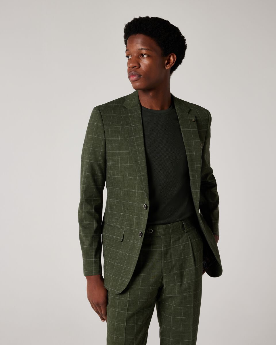 Slim Stretch Windowpane Check Tailored Jacket, Khaki Windowpane, hi-res
