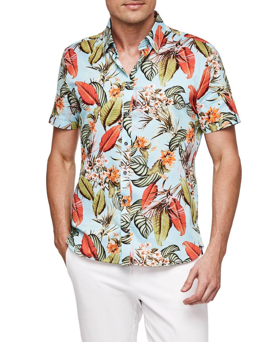 Palm Short Sleeve Shirt, Aqua, hi-res