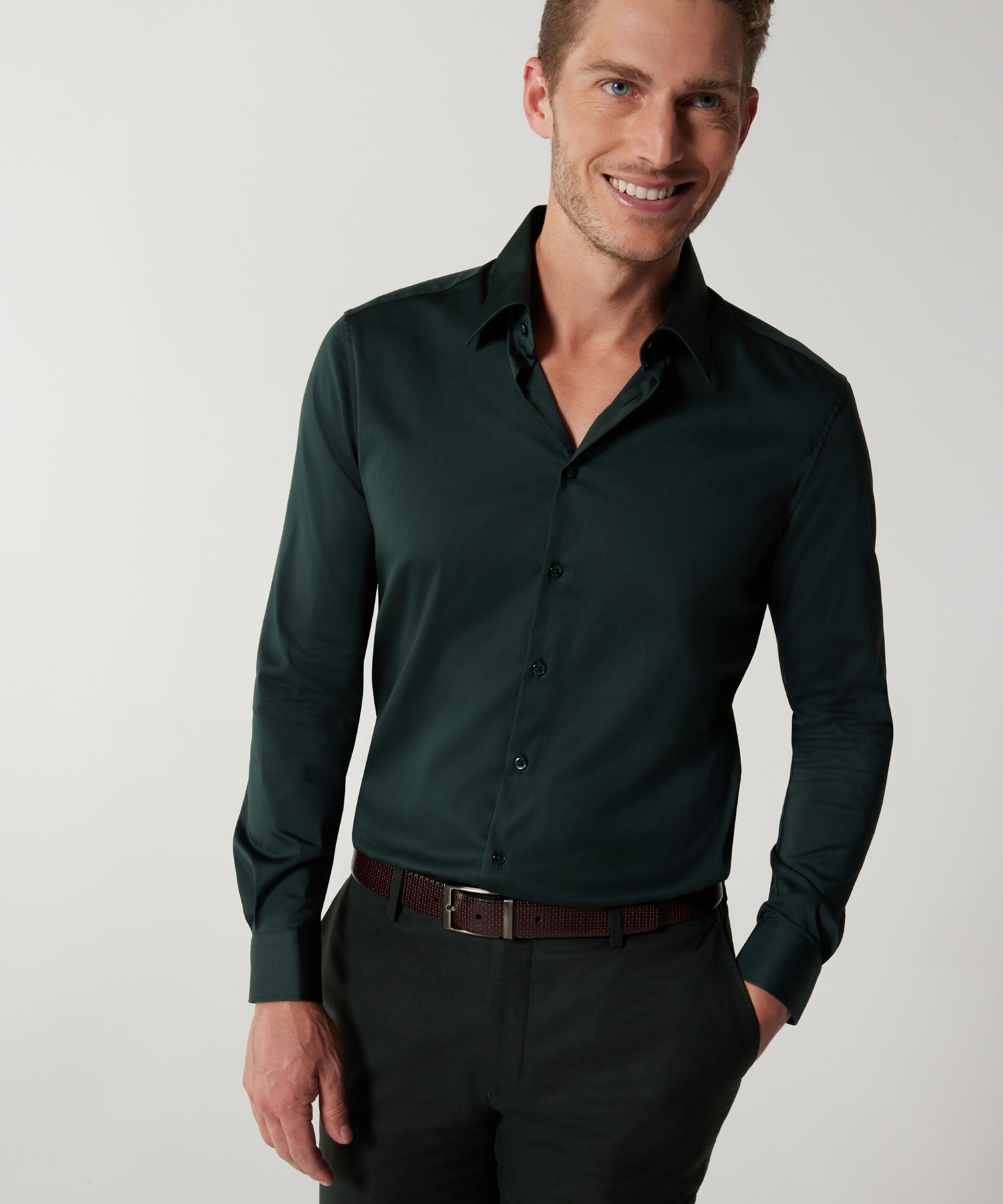 Long Sleeve Fly Collar Shirt - Dark Green, Shirts