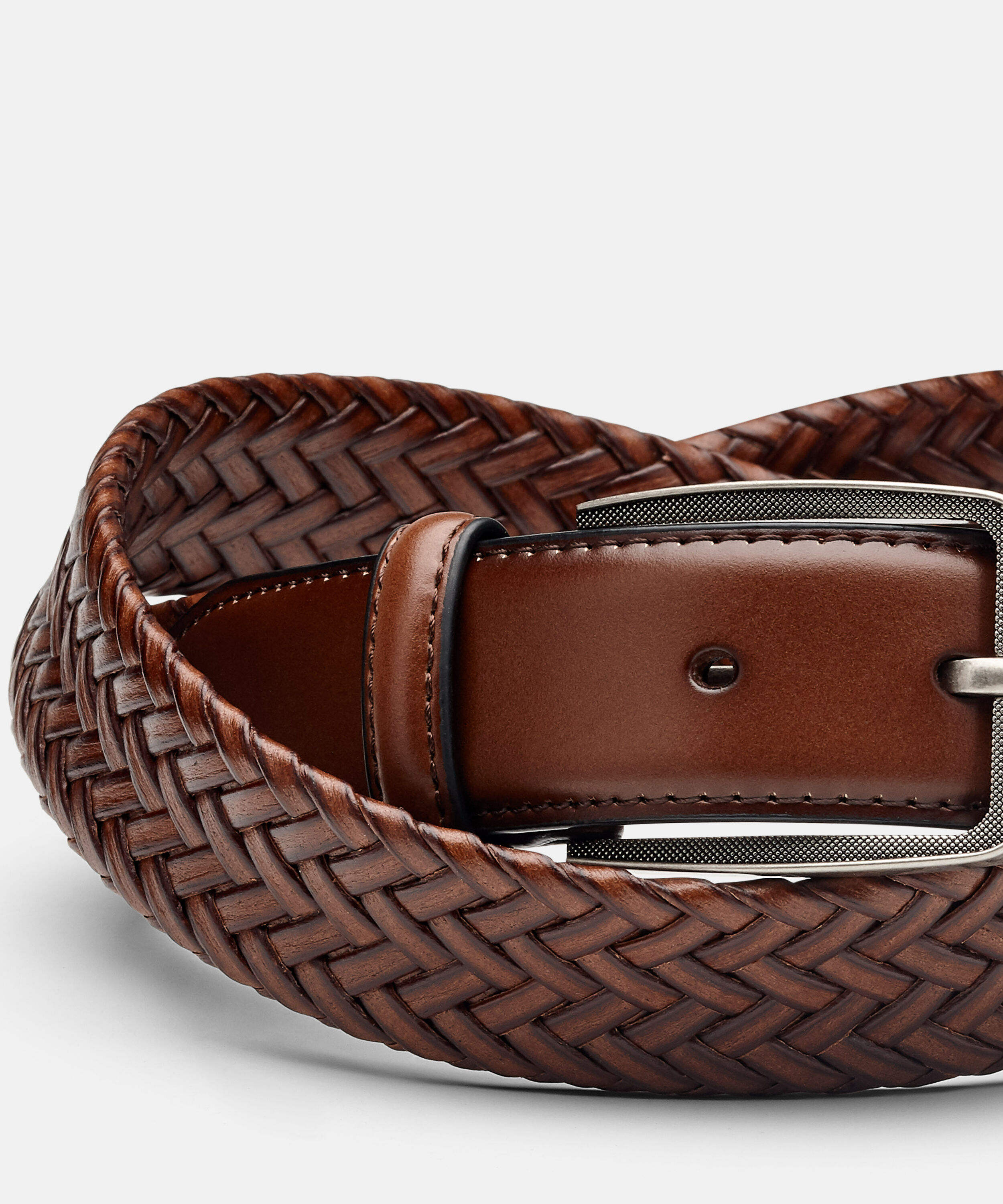 Darron - Tan - Woven Leather Belt Texture Buckle, Belts
