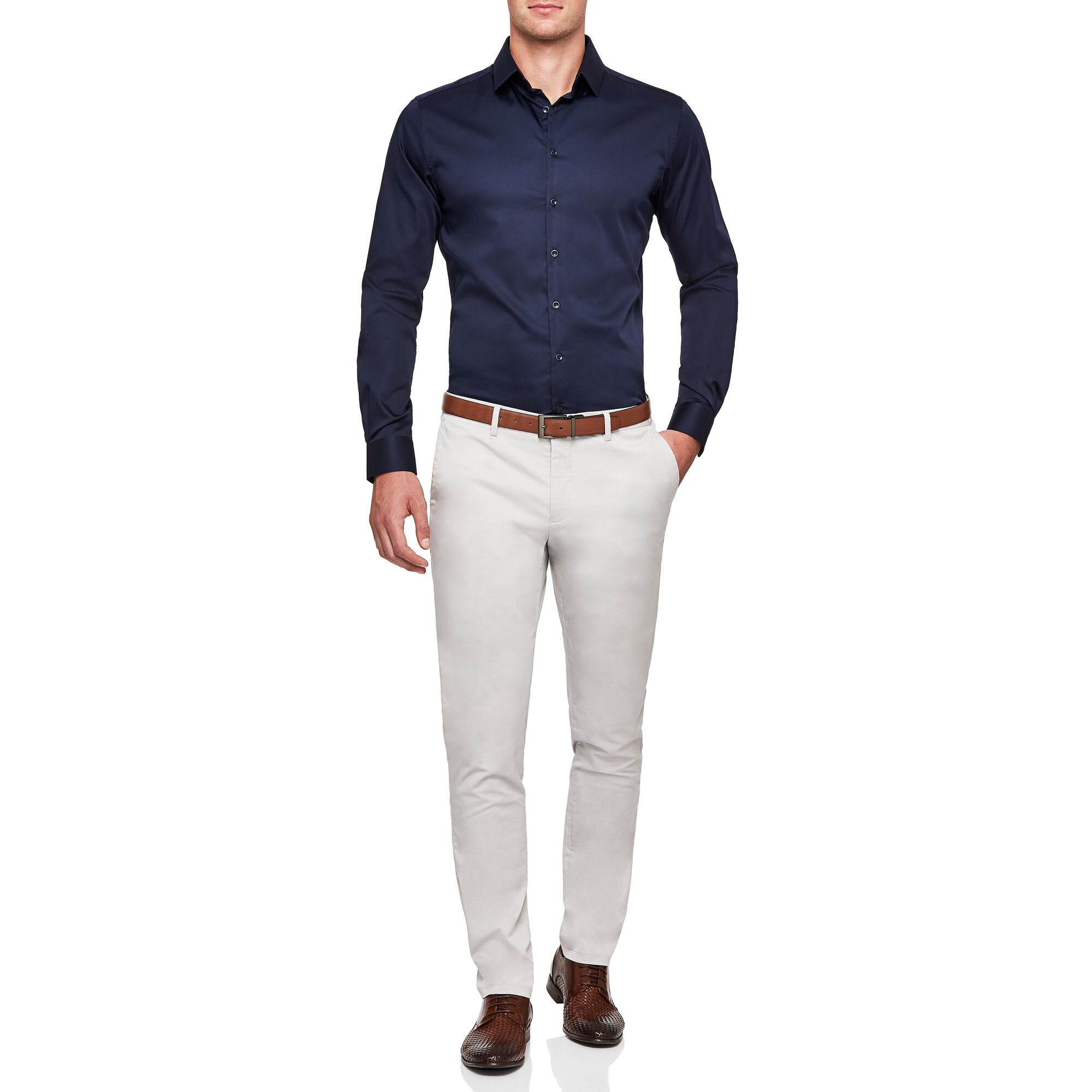 Edisson Navy L S High Shine Stretch Slim Shirt Shirts Politix