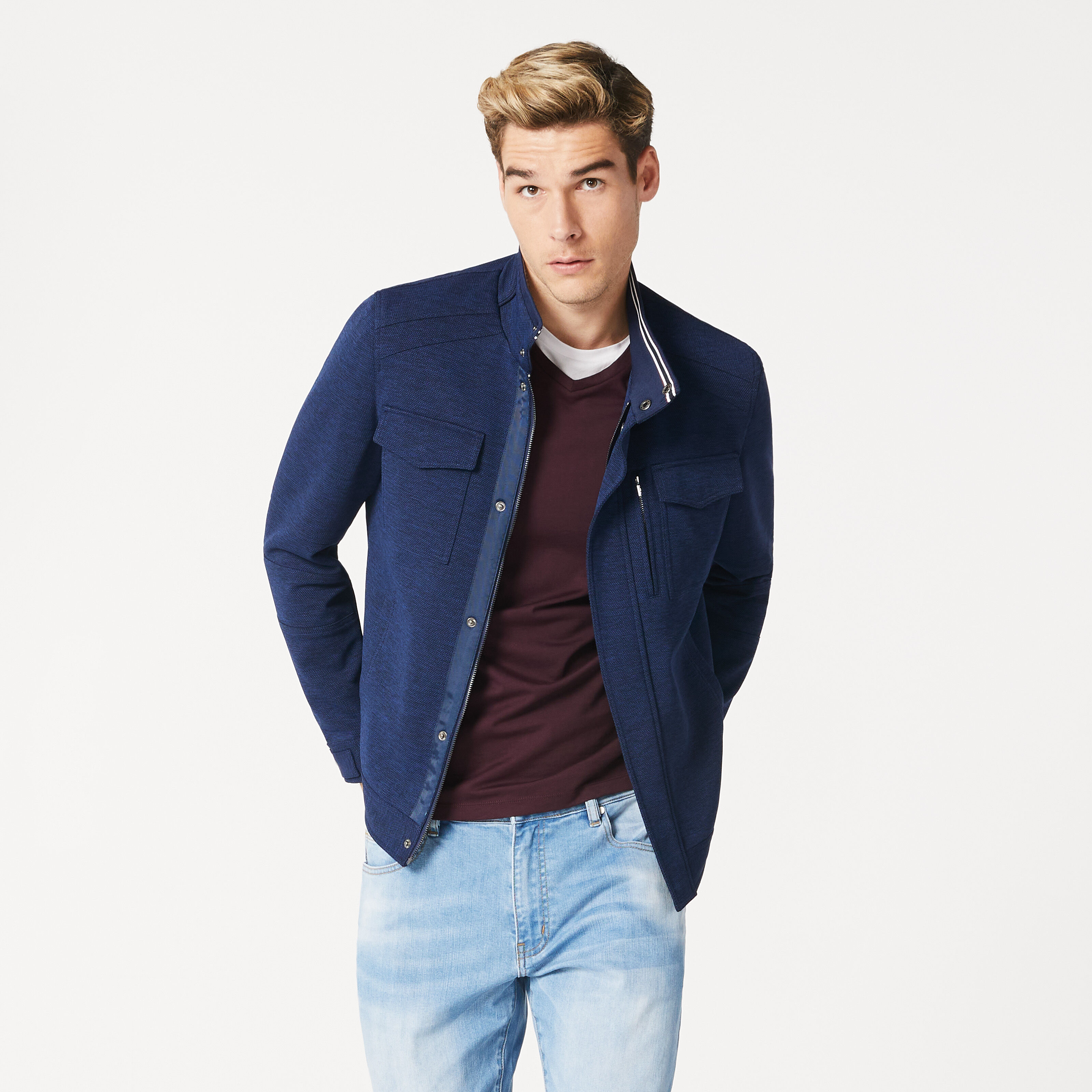 Hodgson Navy Knitted Utility Jacket 4 Pocket Coats Jackets