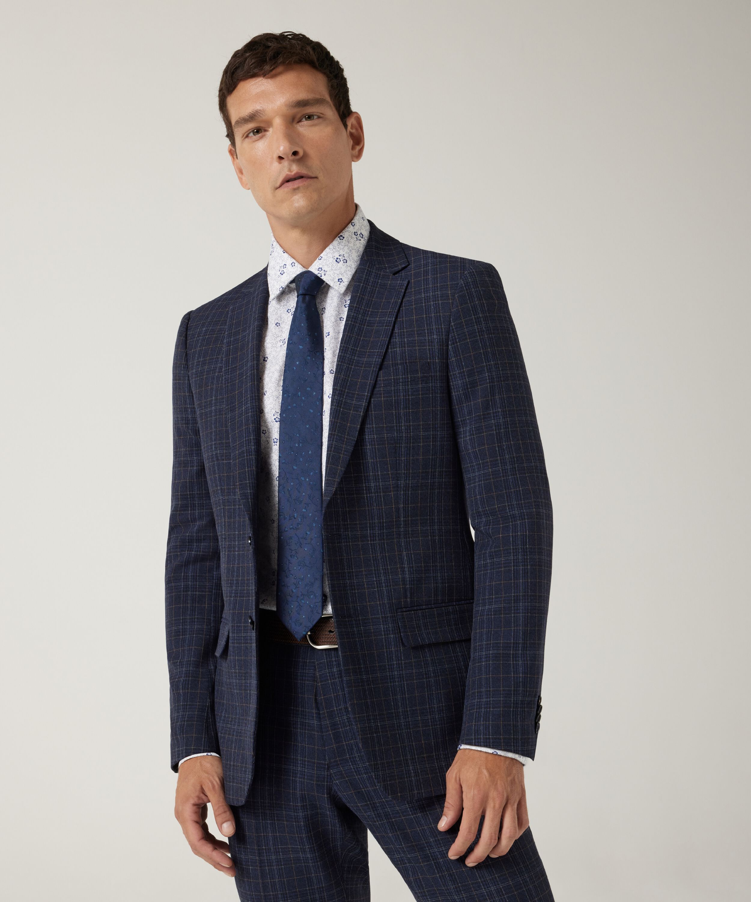 Politix Navy Checkered Pants Slim Stretch Checked Tailored Jacket