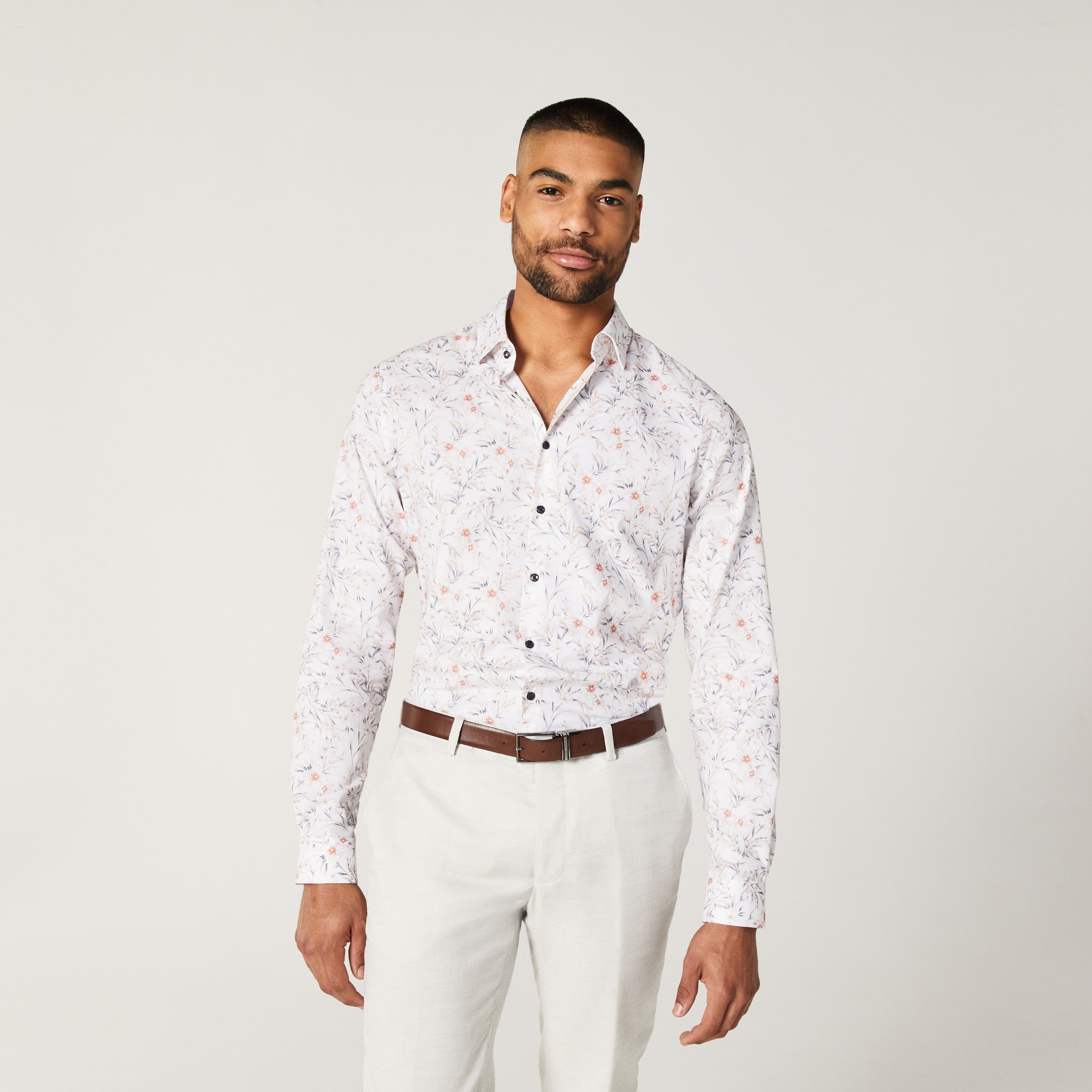 Slim Long Sleeve Floral Shirt - White/Sand | Shirts | Politix