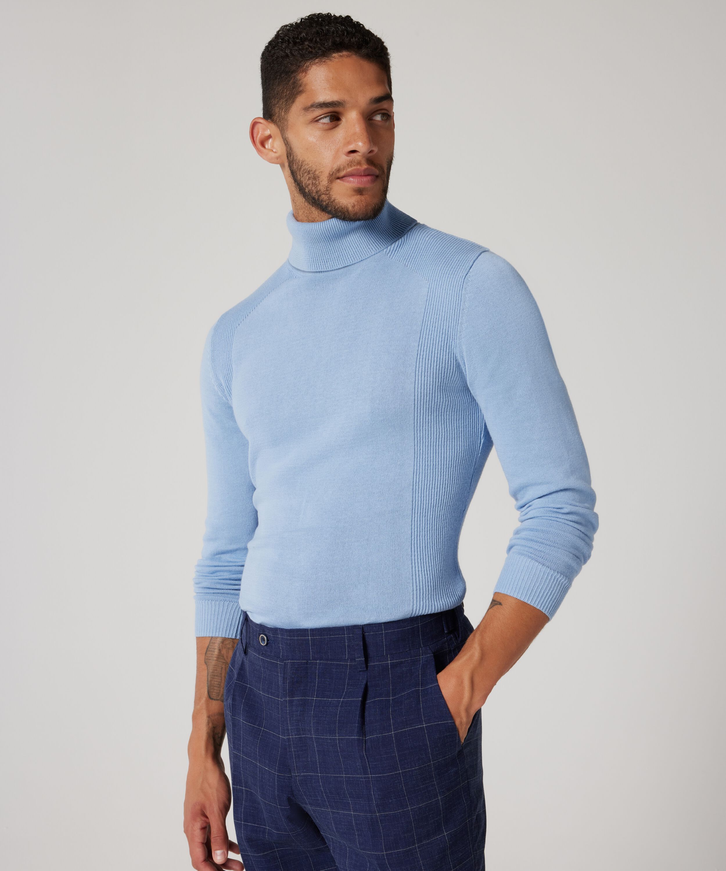Roll Neck Knit With Rib Detail - Light Blue, Knitwear