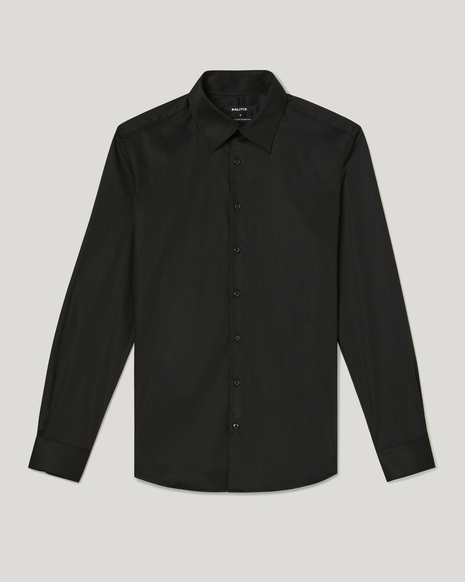 Regular Sateen Long Sleeve Shirt, Black, hi-res