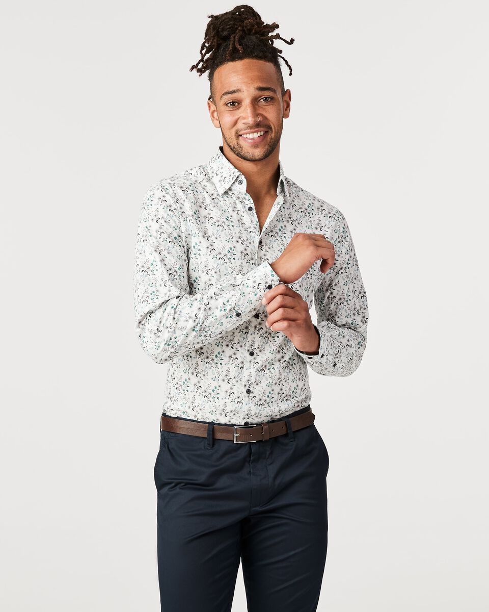 Mens Floral Print White Long Sleeve Shirt