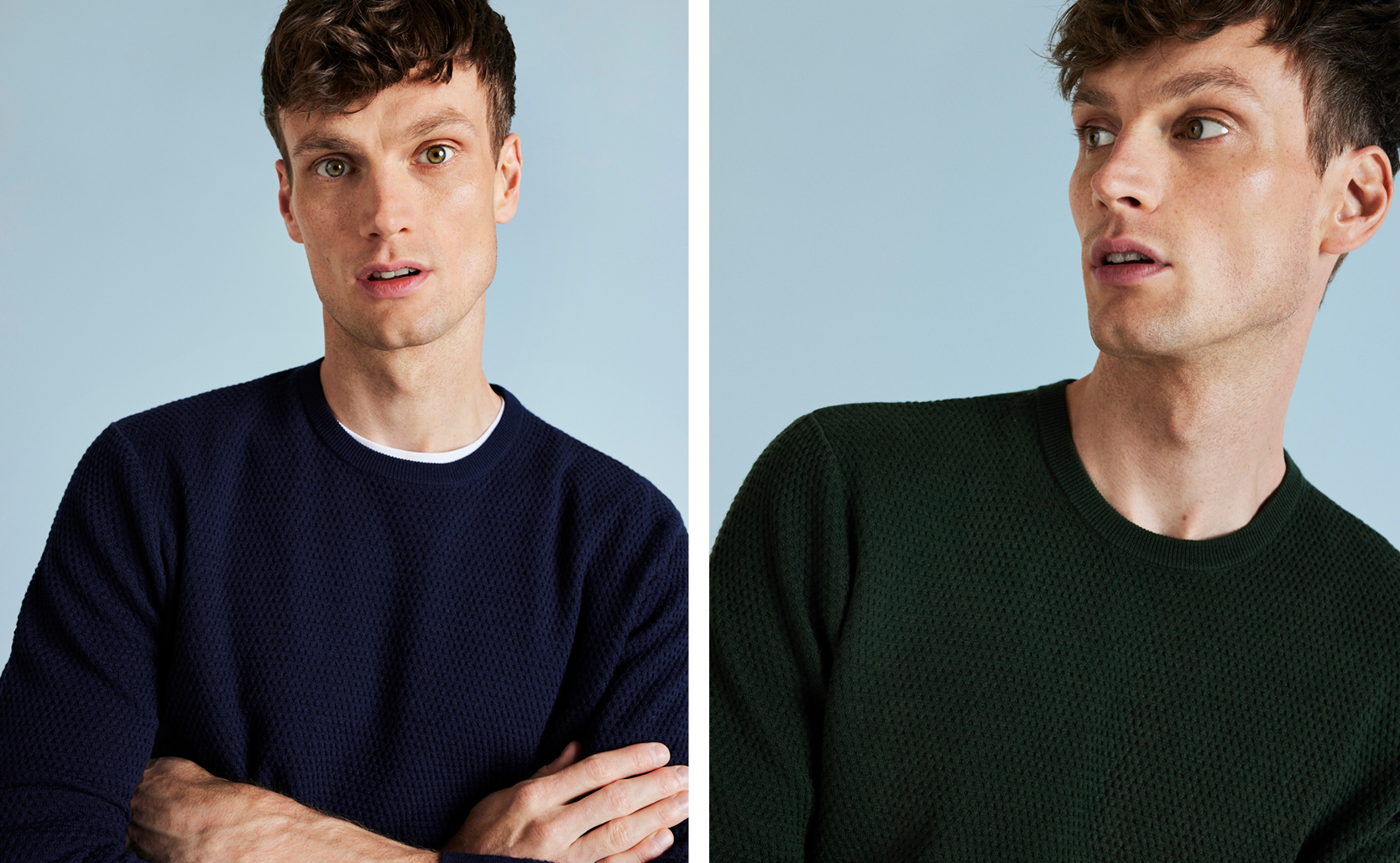 POLITIX Men's Ultimate Knitwear Guide Collage of model wearing green and navy POLITIX sweater in front of blue background