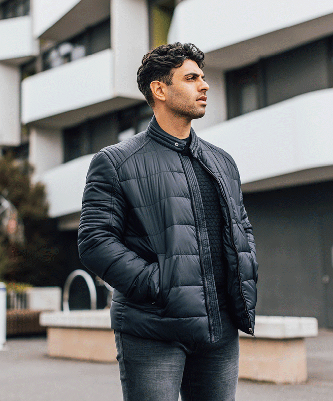 Amir Manoly in POLITIX outfit featuring the Bourdain Puffer Jacker in Navy Amir Manoly in POLITIX outfit featuring the Bourdain Puffer Jacker in Navy