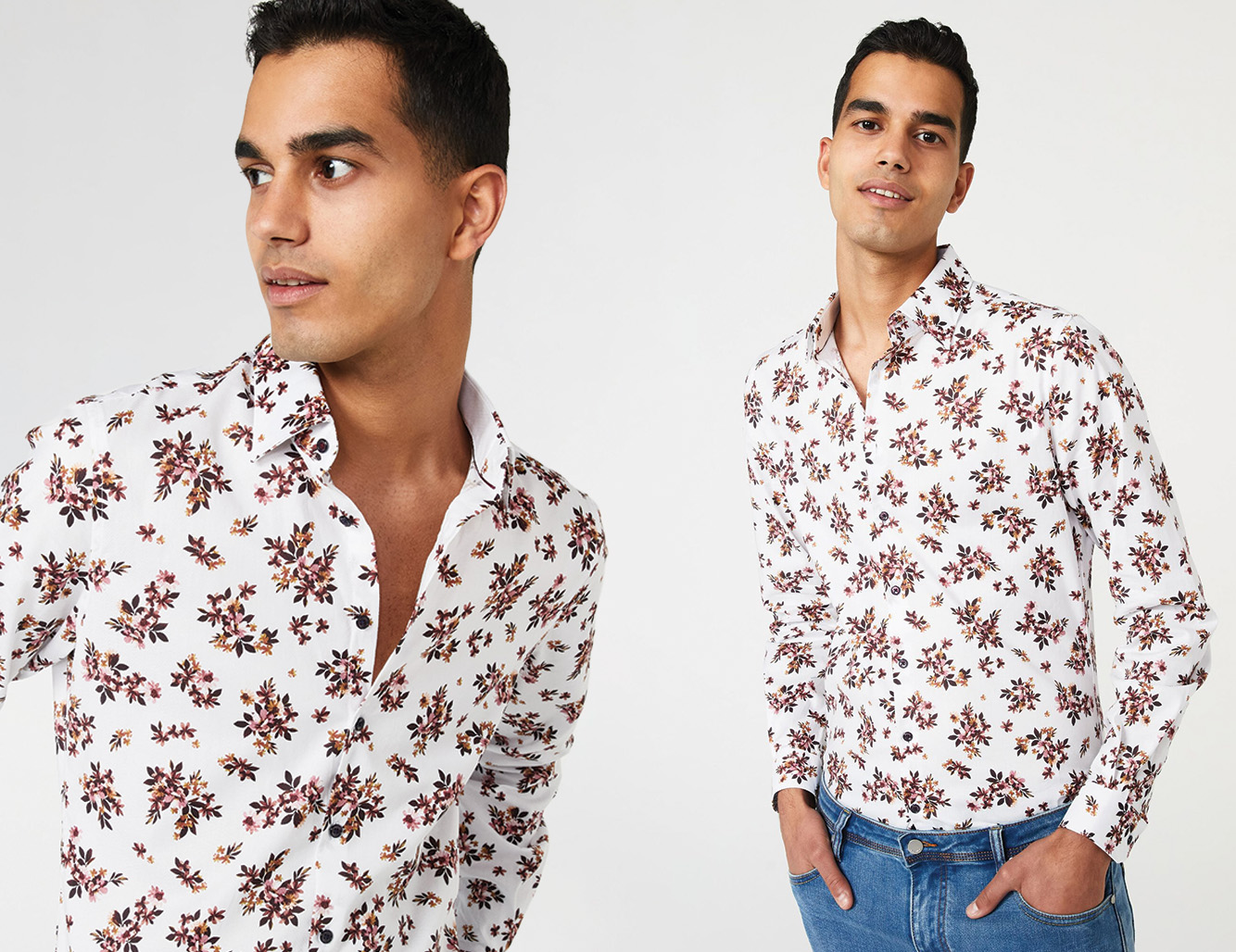 Model wearing button up shirt with floral prints