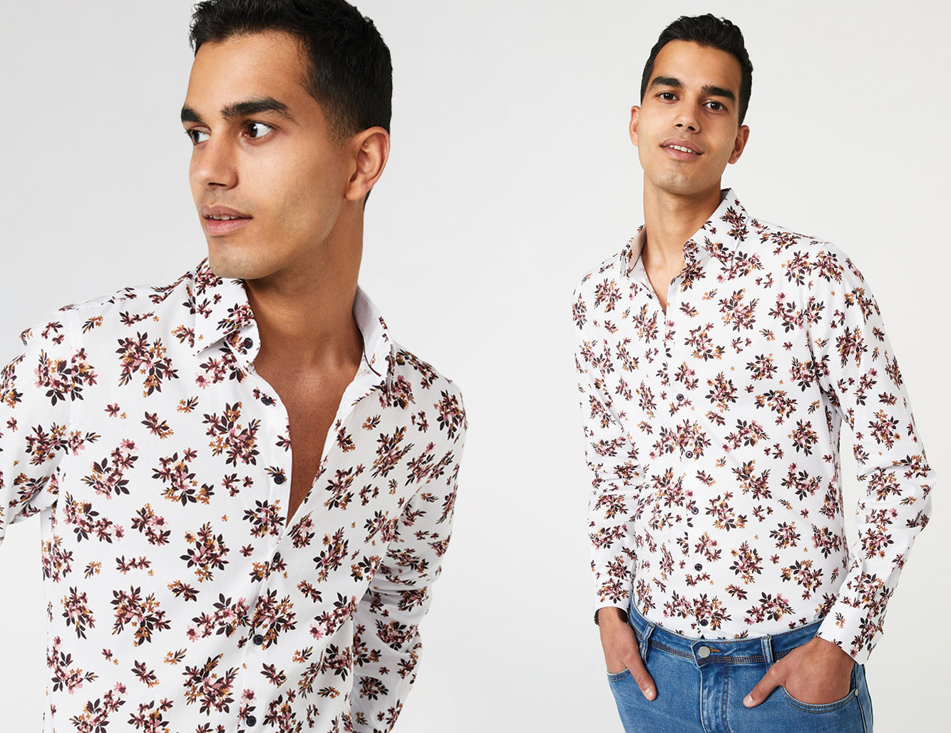 Model wearing button up shirt with floral prints Model wearing button up shirt with floral prints