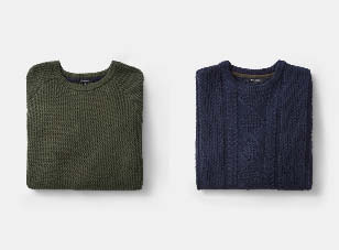 Navy and khaki knitwear jumper flatlay Navy and khaki knitwear jumper flatlay