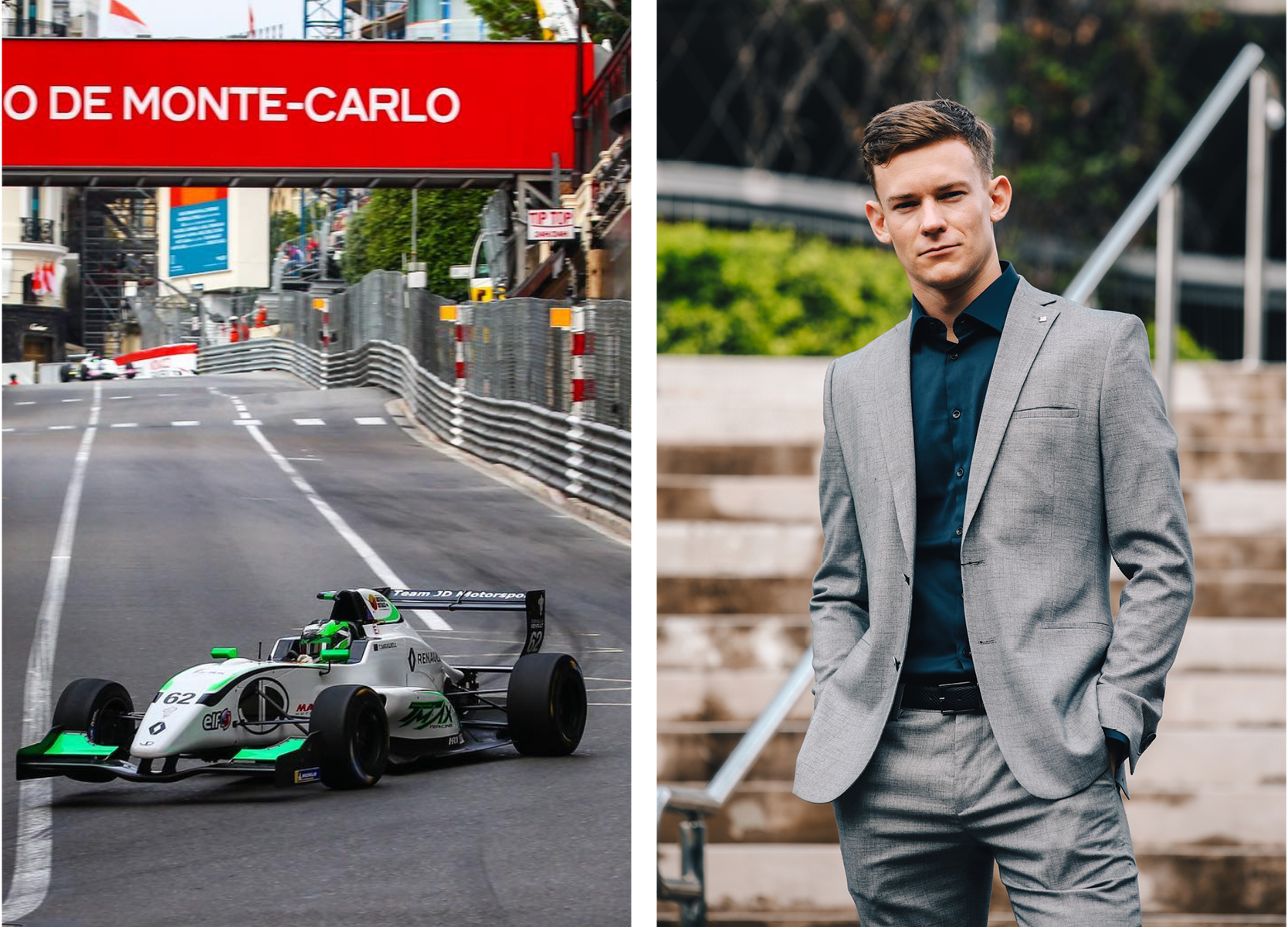 Images of Thomas Maxwell in POLITIX dark grey suit smiling next to racecar in Monte Carlo