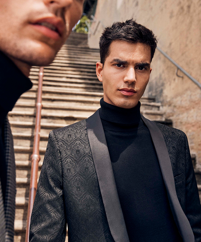Black Dezra roll neck paired with Brooklyn Tuxedo Jacket